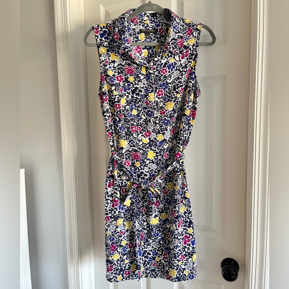 Banana Republic Navy Floral Sleeveless Shirt Dress with Pink and Yellow Flowers